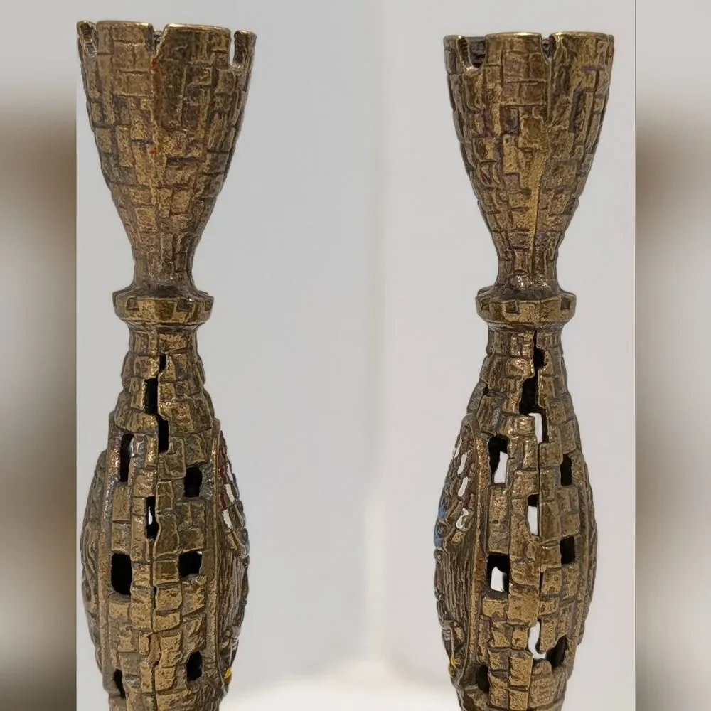 Vintage TAMAR Israel Judaica Castle Shabbat Candlesticks Pair Menorah Jerusalem